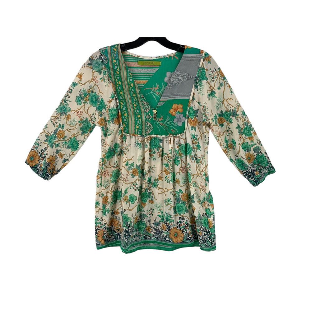 Rapsodia Cream and Green Floral Boho Tunic Blouse